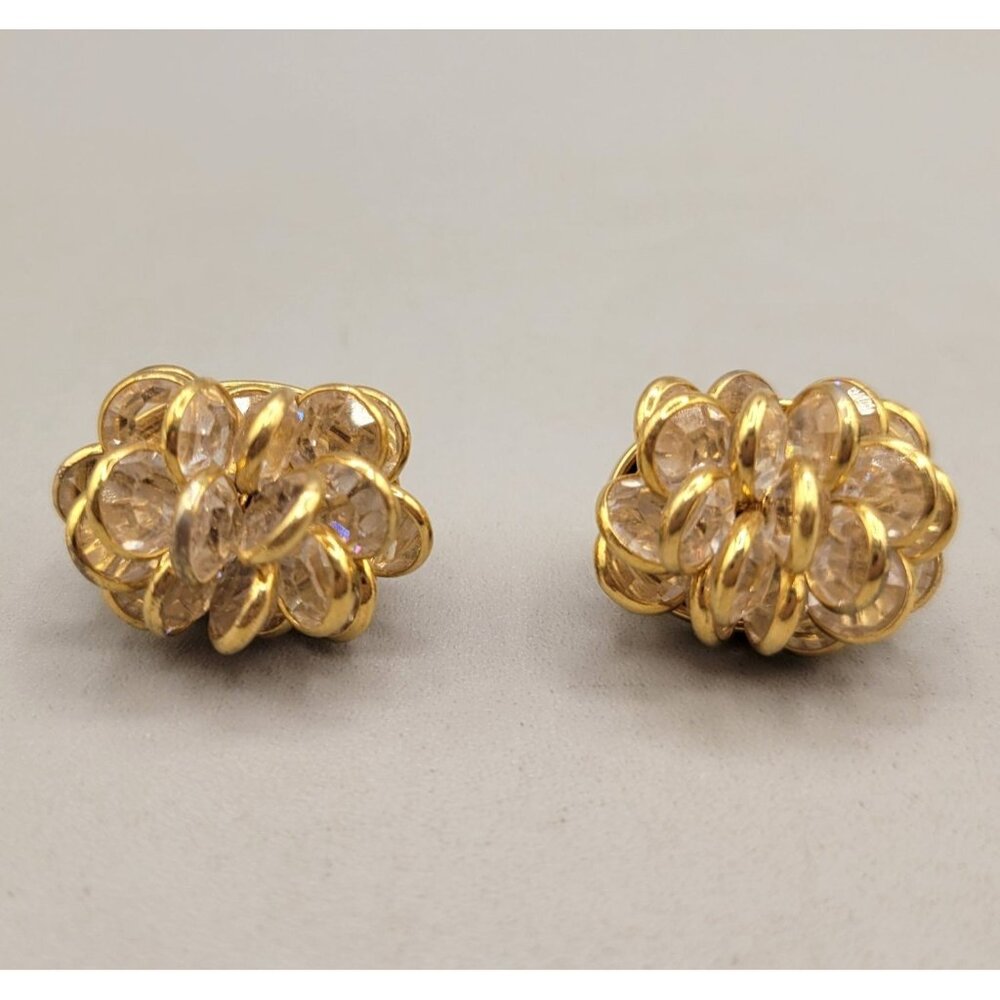 Monet Crystal Flower Clusters Gold Tone Clip-On Earrings Layered 3D